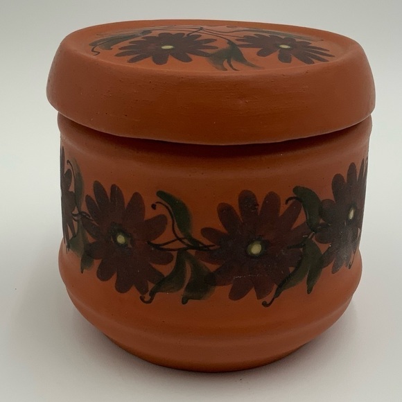 Polish Folk Art Redware Flower Jar w/Lid Hand Made & Painted In Poland - Picture 1 of 6